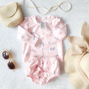 H&M Baby Girl Rash Guard Swimsuit Set 3-6M Blush Pink Ocean Print 2 Piece